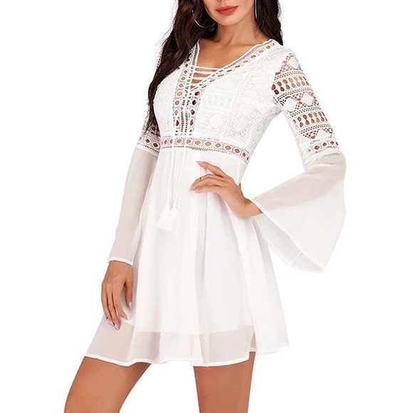 Dresses & Skirts - Bohemian Hollow Out Long Sleeve Crochet Lace Dress